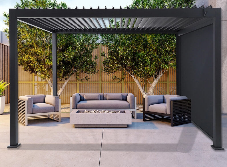 A modern outdoor pergola with a sleek aluminium frame, open slatted roof, and comfortable seating area beneath, designed to provide shade and style in a garden or patio space.
