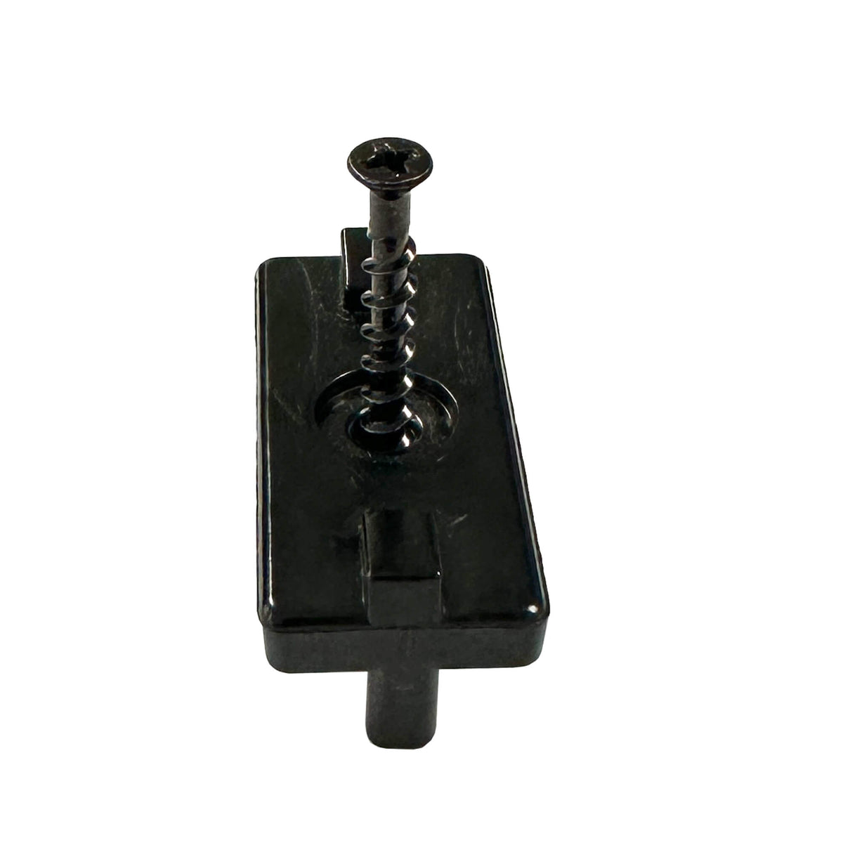 A front view of a Black Decking Clip & Screw on a white background.