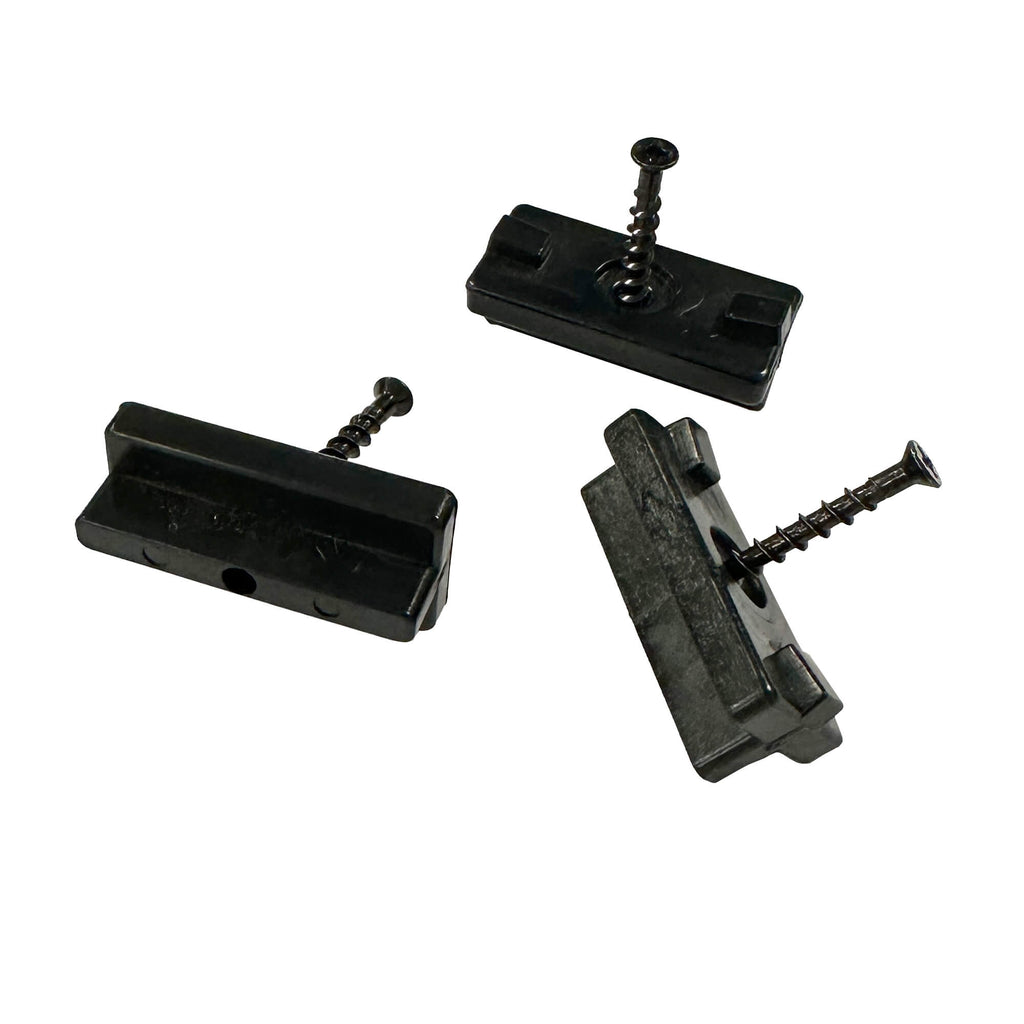 Three Black Decking Clips & Screws on a white background.