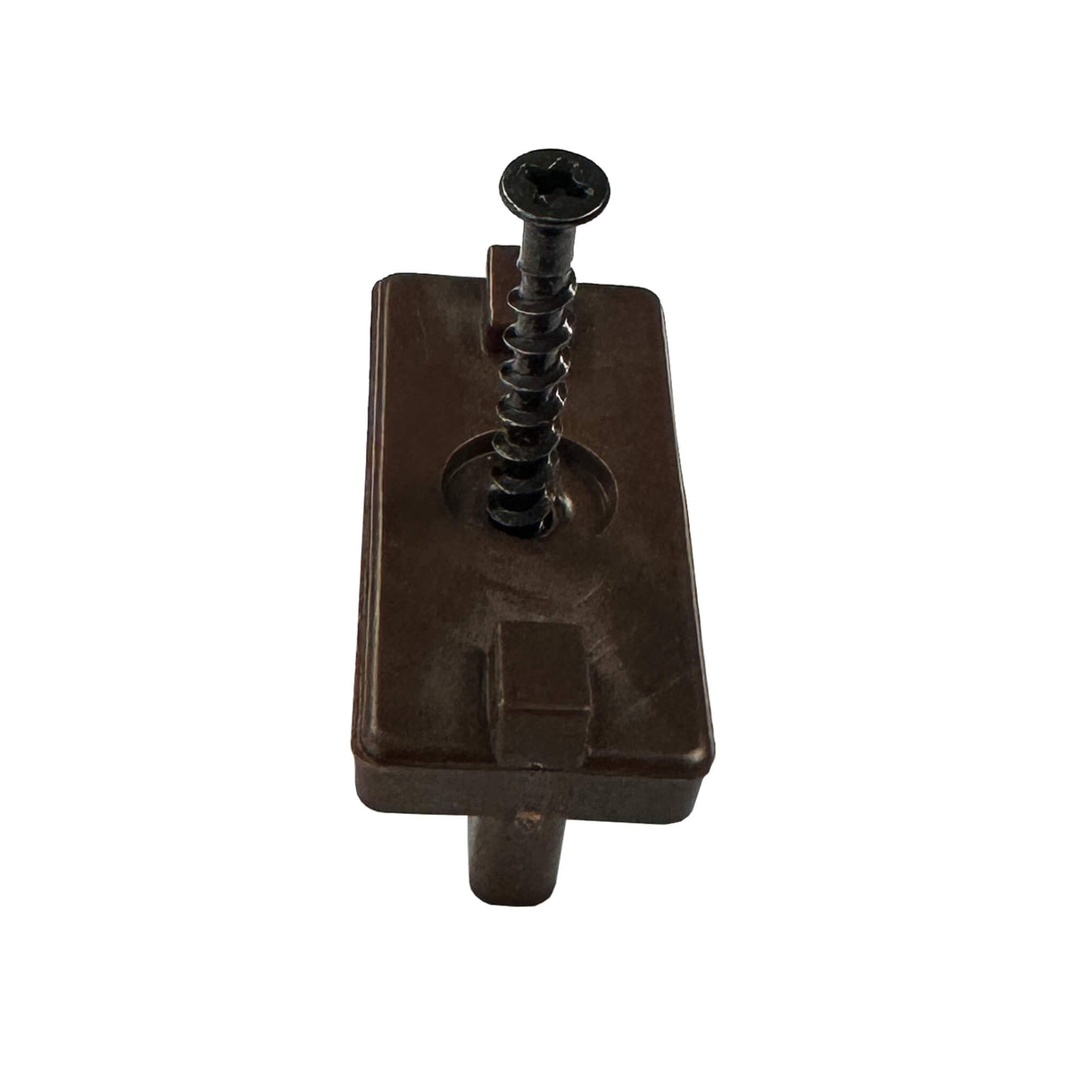 A front view of a Brown Decking Clip & Screw on a white background.