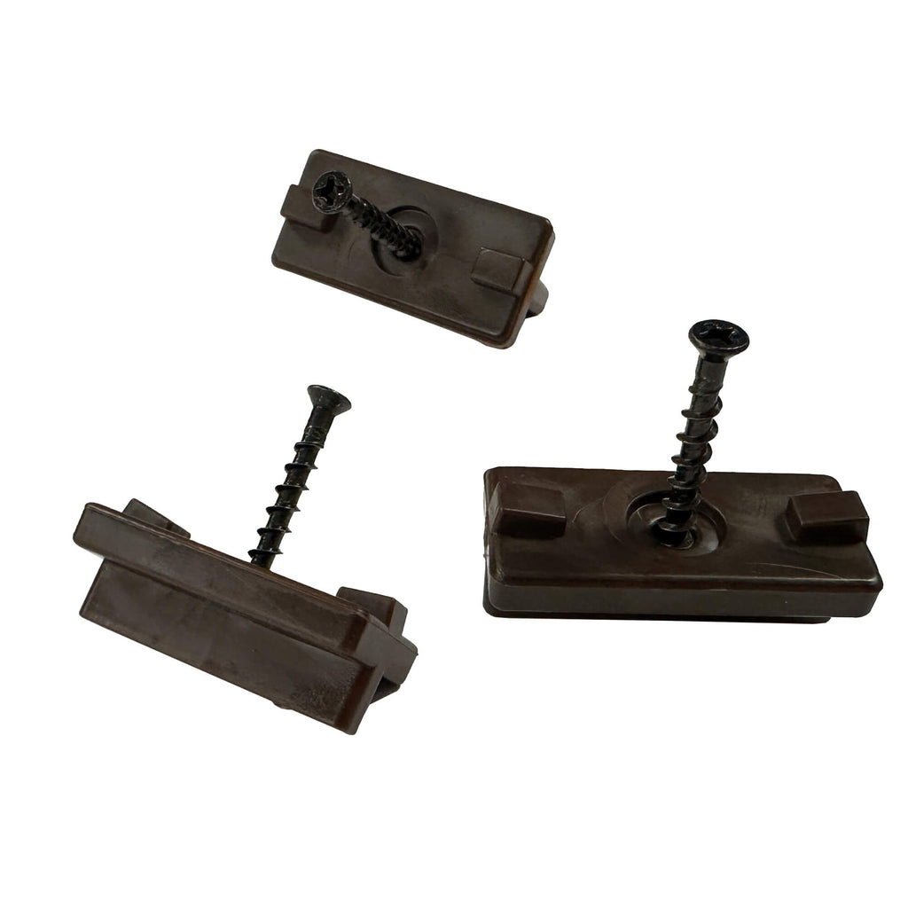 Three Brown Decking Clips & Screws on a white background.