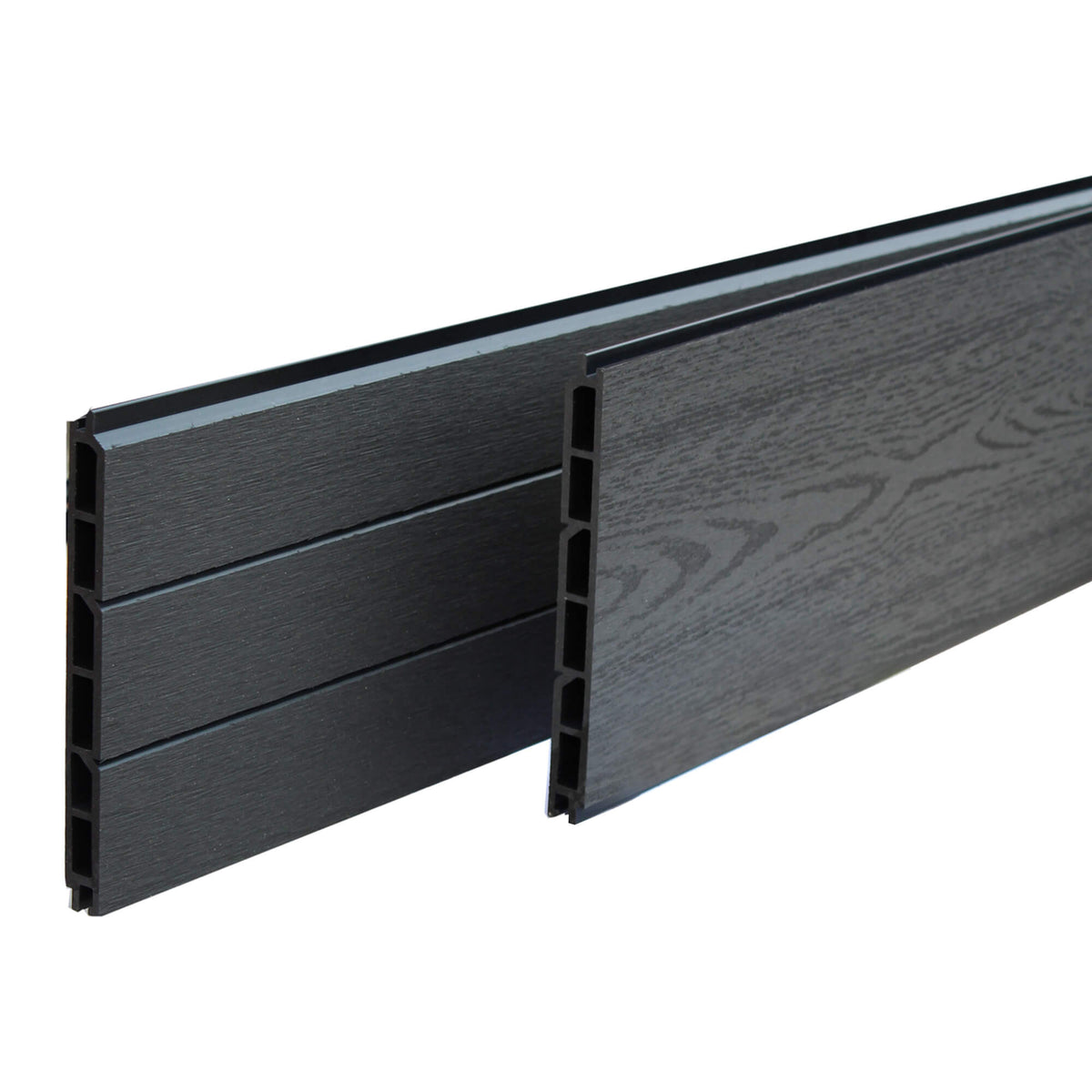 Close-up of two Charcoal Composite Fence Panels displaying woodgrain/slatted finish options on a white background.