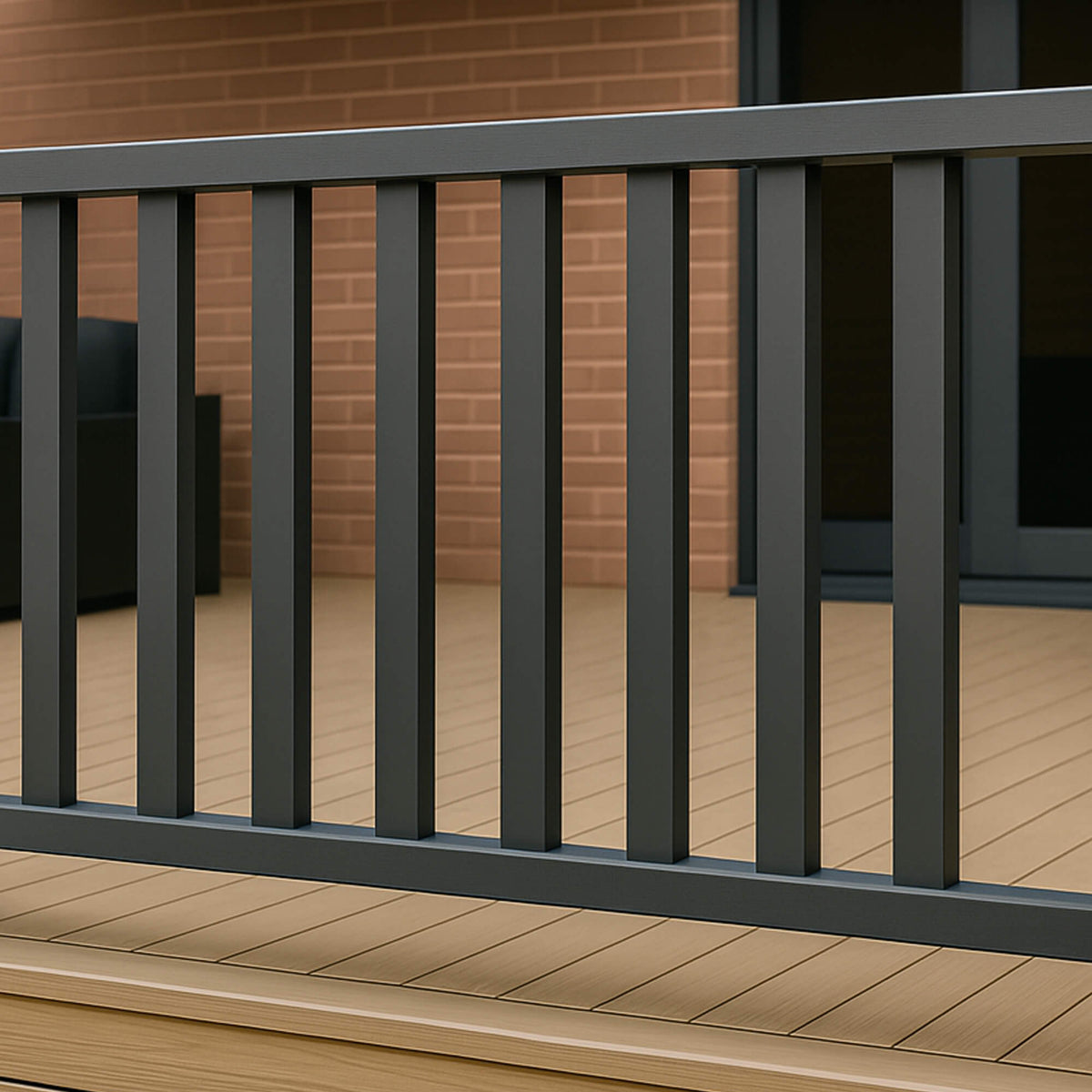 Charcoal Composite Spindles and rails on a deck in a patio background.