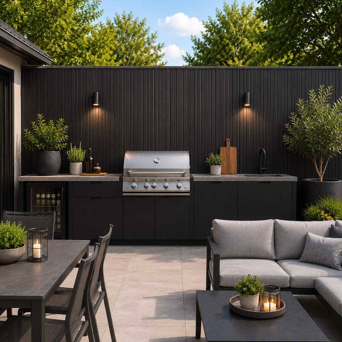 Modern outdoor patio setting with outdoor bbq dining furniture with a Charcoal outdoor slat wall cladding. 
