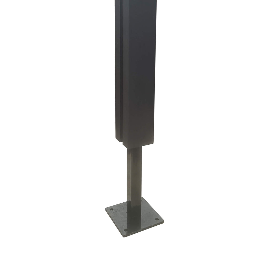 Composite Decking Metal Post Base showing a composite post being inserted on a white background.