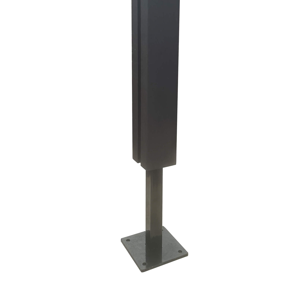 Composite Decking Metal Post Base showing a composite post being inserted on a white background.