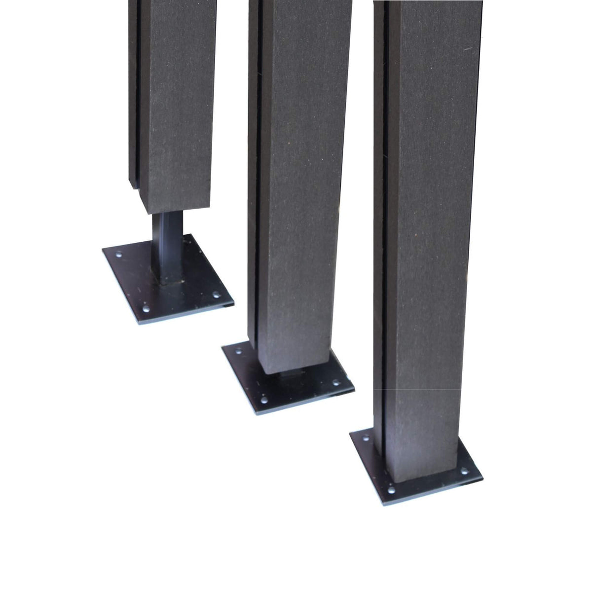 Three posts displaying installation process of Composite Decking Posts  into the Metal Post Base on a white background.
