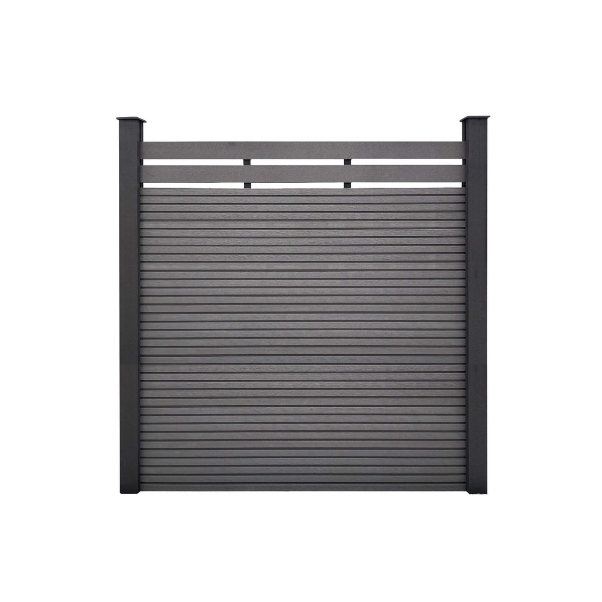 Charcoal Composite Fence Slat on top of a dark grey composite slatted fence on a white background.