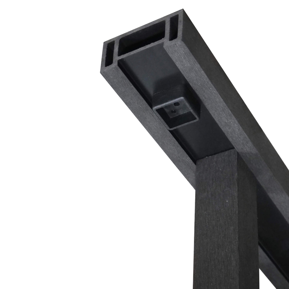 Composite Spindle Shoe in situ underneath a handrail on a white background.