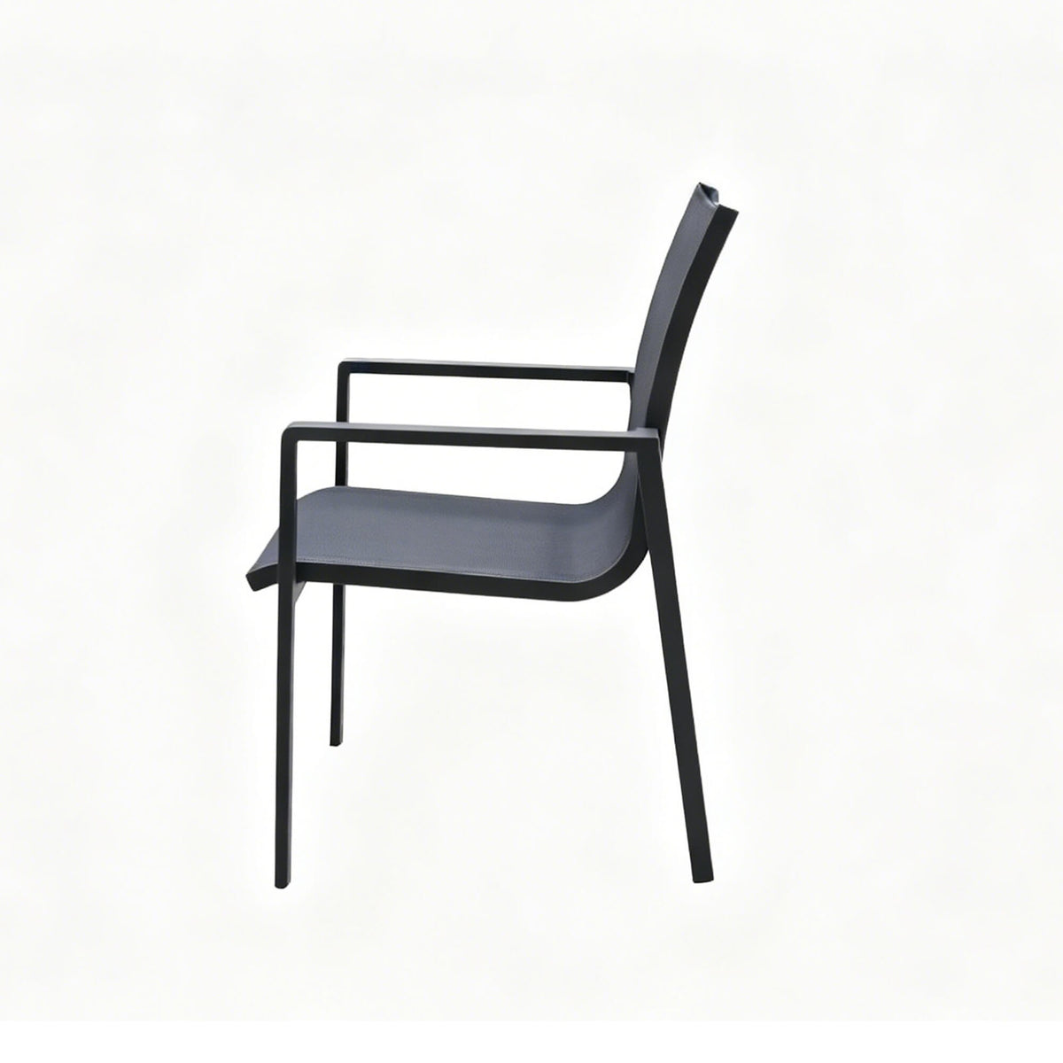 Side view of the Garda dark grey outdoor dining seat on a white background.