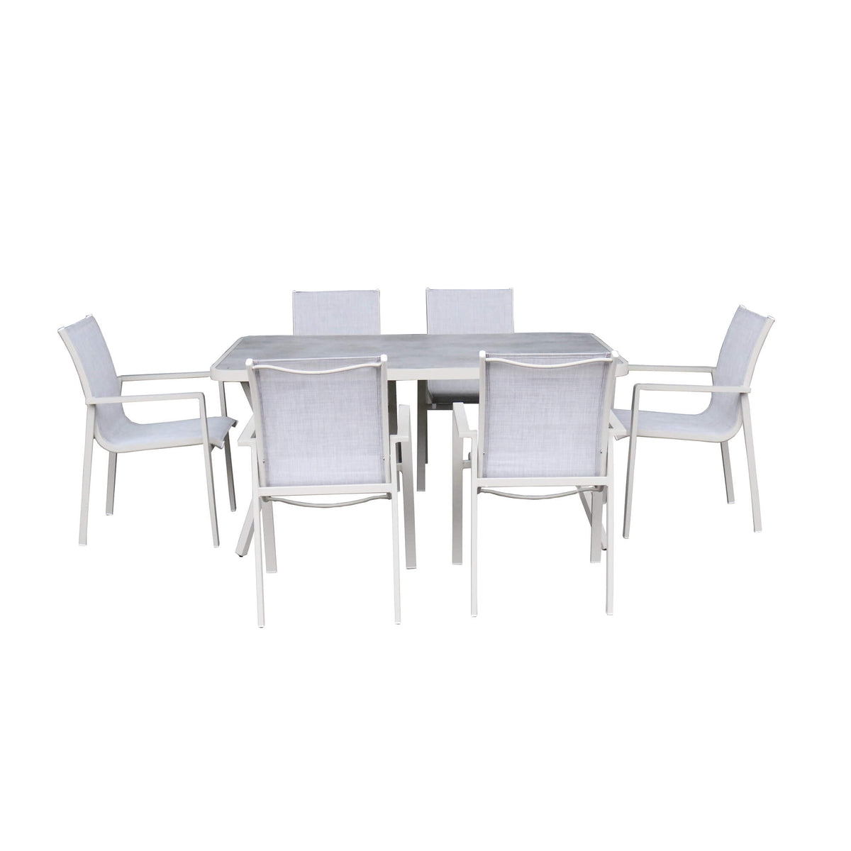 Garda Stone outdoor dining furniture set on a solid white background.