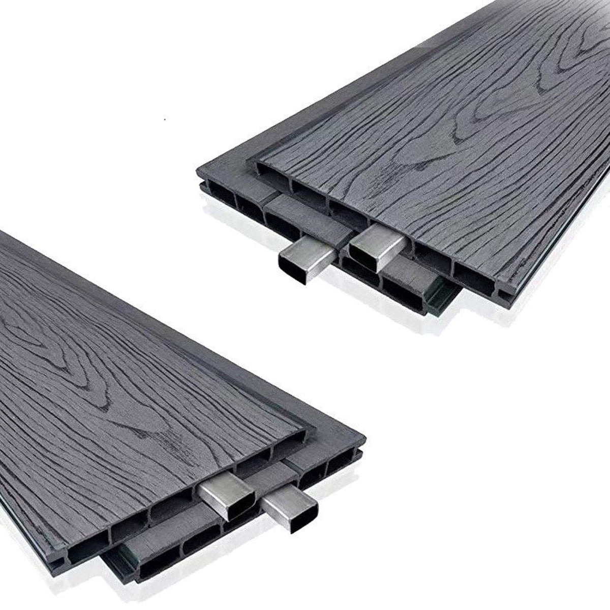 Metal Reinforcing Inserts in situ in composite fence panels on a white background.