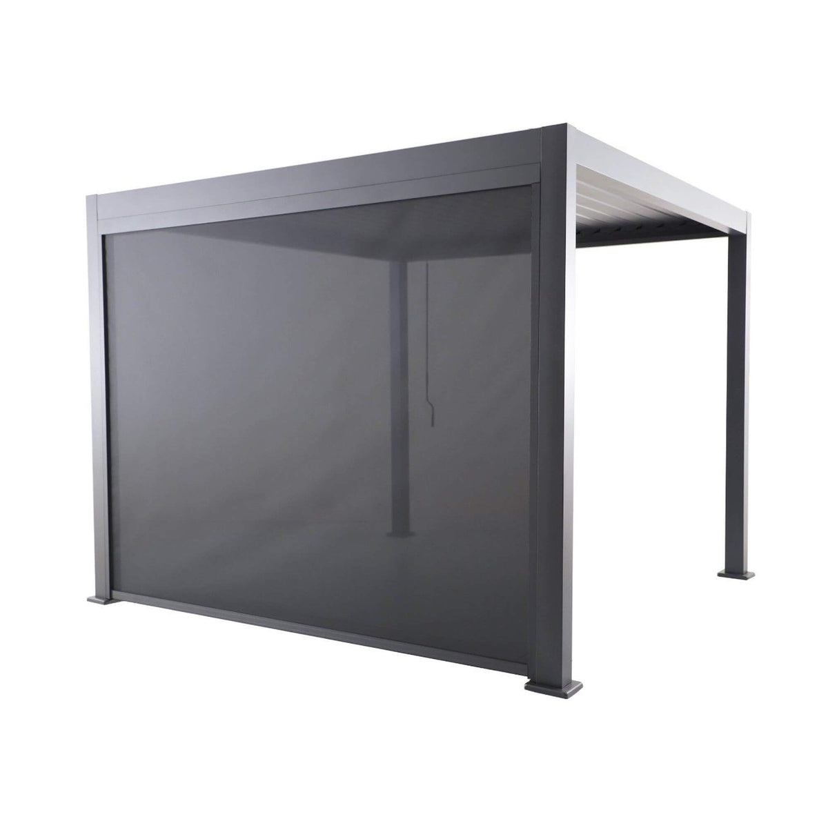A fully extended Riva 3m Windproof Blind on a Riva Aluminium Pergola.