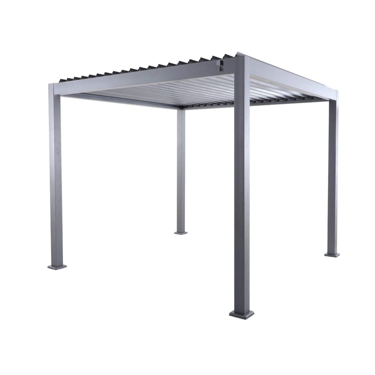 Right sided perspective of a Riva 3x3m Aluminium Pergola on a white background.