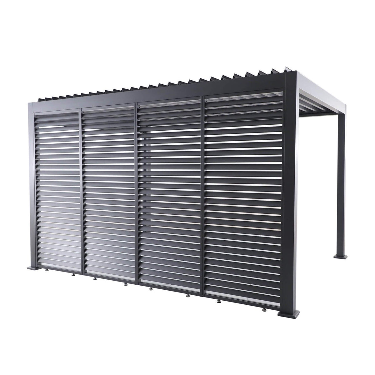 A Riva Deluxe Aluminium Pergola showcasing a 4m Louvre Wall on a white background.