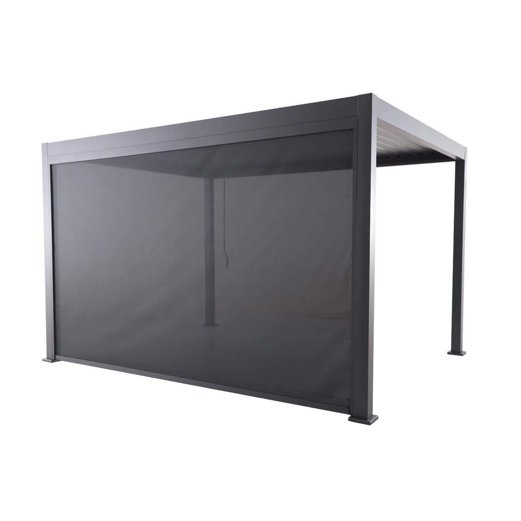 A Riva 4x3m Aluminium Pergola showcasing a closed 4m windproof blind on a white background.