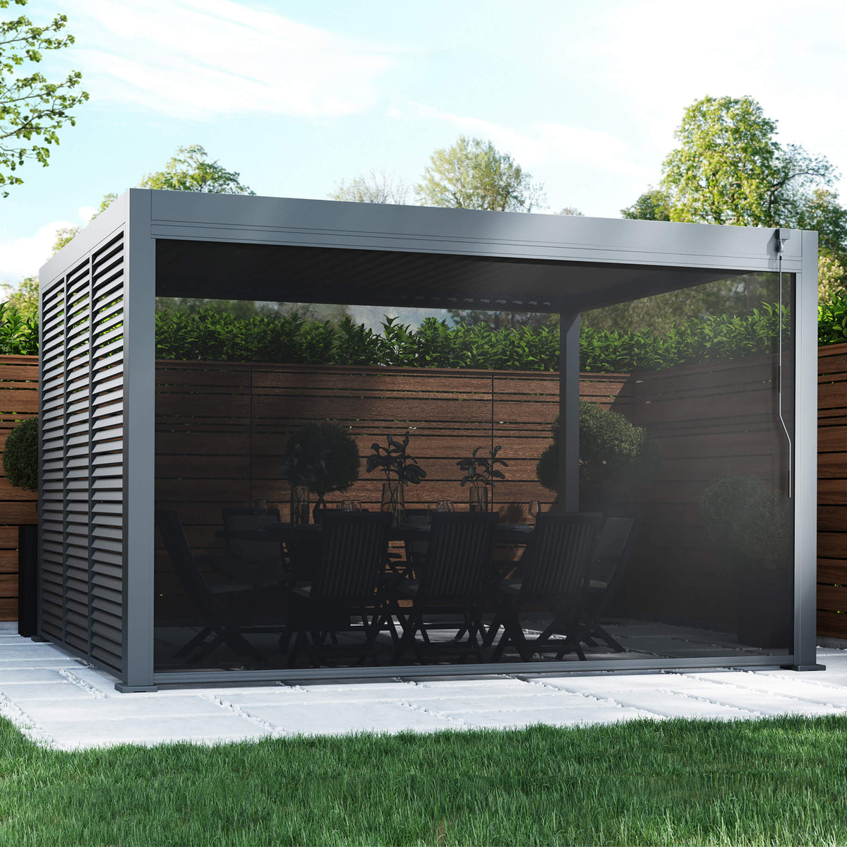 Riva Deluxe Aluminium Pergola with closed windproof blind in an outdoor patio garden setting.