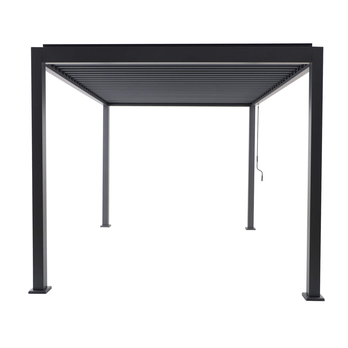 The front perspective of a Riva 4x3m Aluminium Pergola on a white background.