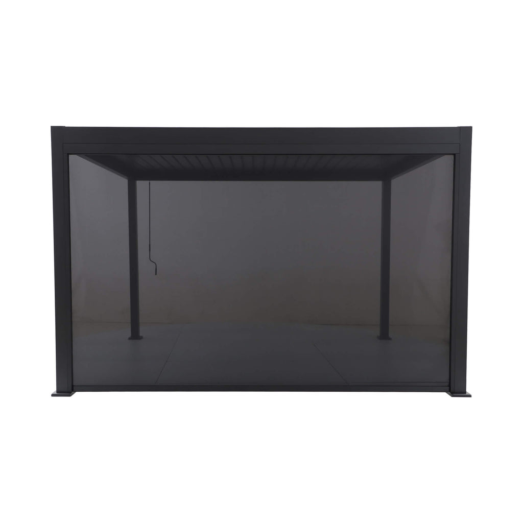 Front view of a 4m closed blind on Riva Deluxe Aluminium Pergola on a white background.