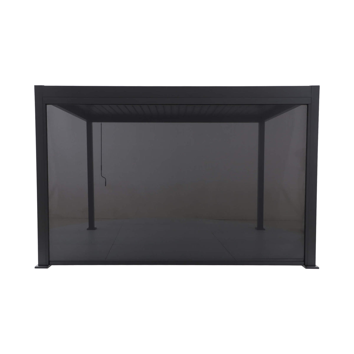 Front view of a 4m closed blind on Riva Deluxe Aluminium Pergola on a white background.