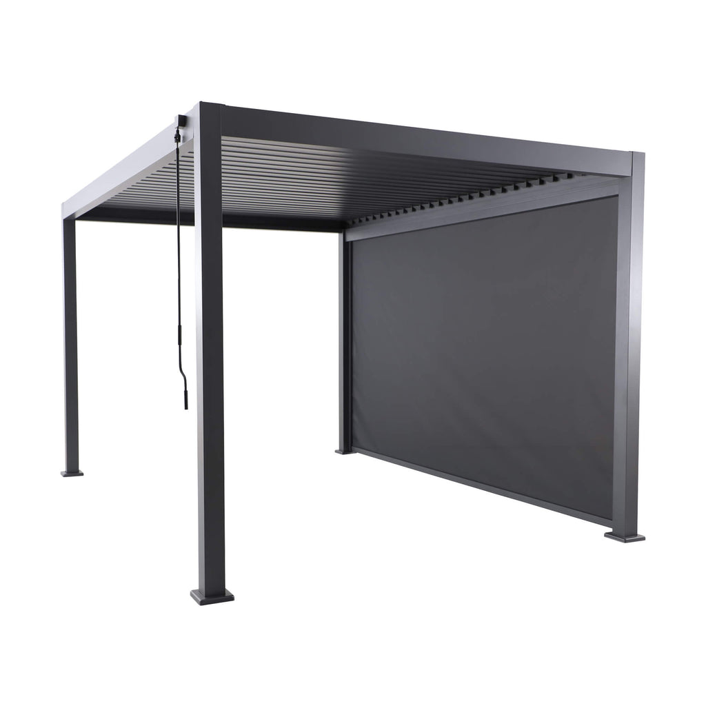 Side perspective of a 4m closed blind at the back of a Riva Deluxe Aluminium Pergola on a white background.