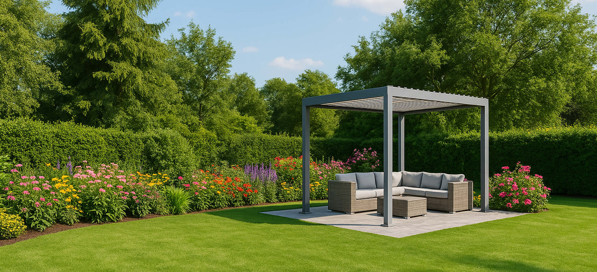 Patio with pergola and outdoor furniture surrounded by greenery