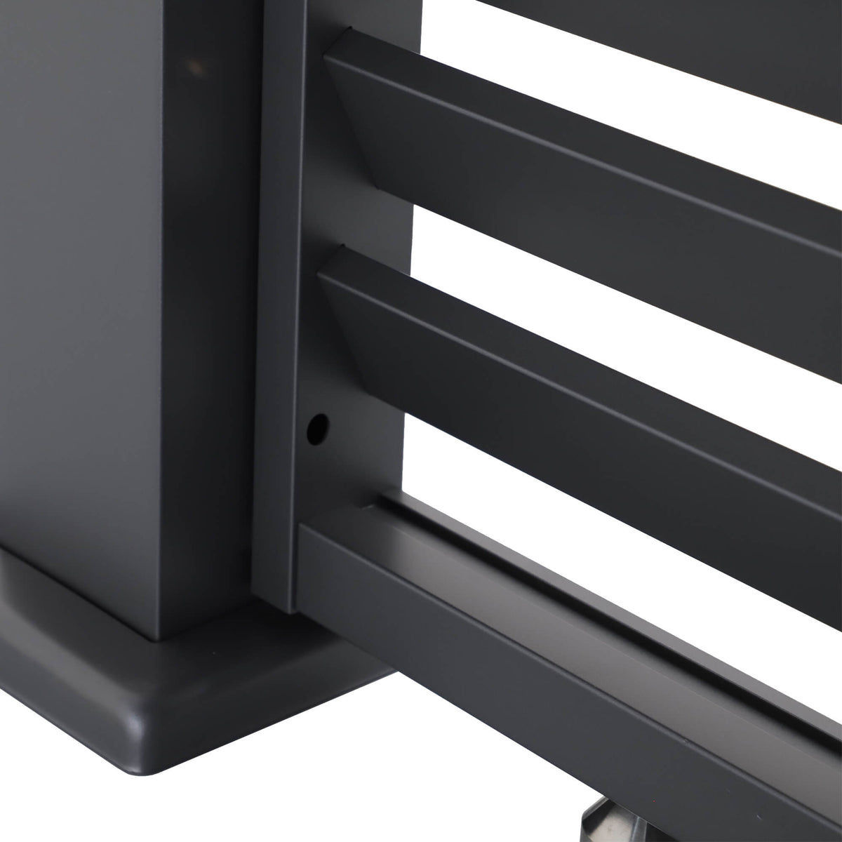 Close-up of a how a louvre wall is fitted to a Riva Deluxe Aluminium Pergola on a white background.
