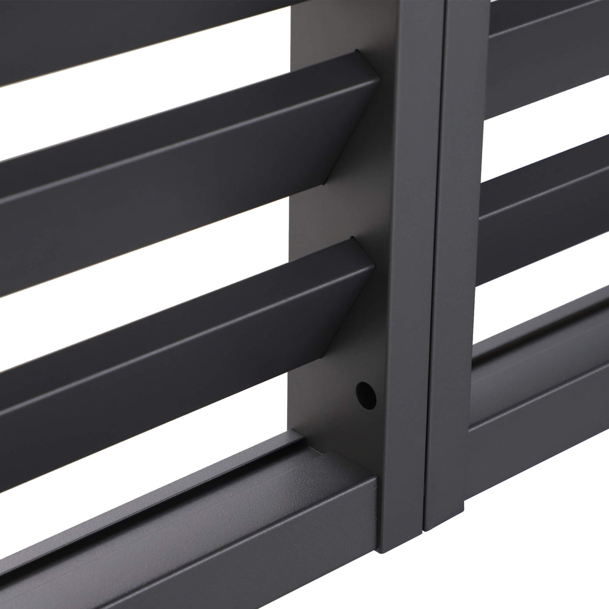 Close-up of a how a louvre wall panel is connected to a Riva Deluxe Aluminium Pergola on a white background.