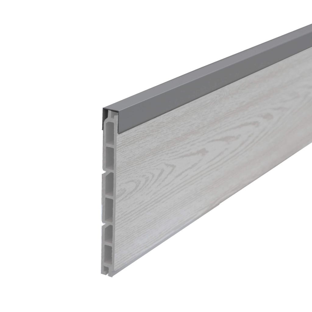 Silver Aluminium Top Panel Cover in situ on a composite fence panel on a white background.