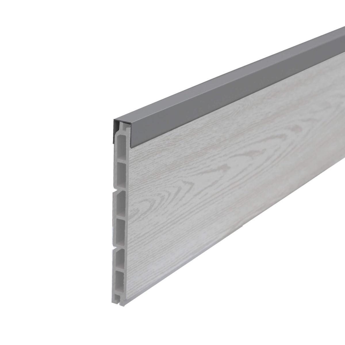 Silver Aluminium Top Panel Cover in situ on a composite fence panel on a white background.