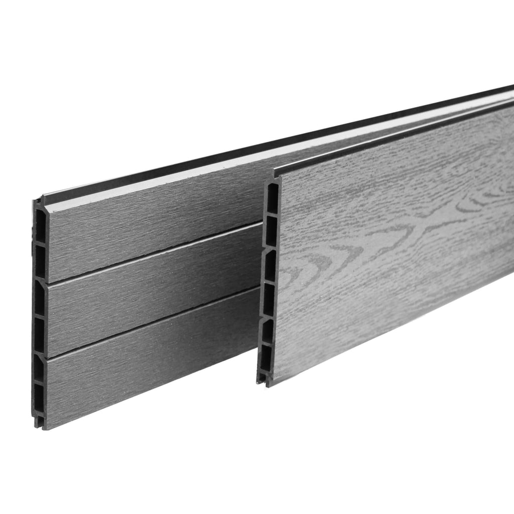 Close-up of two Silver Composite Fence Panels displaying woodgrain/slatted finish options on a white background.