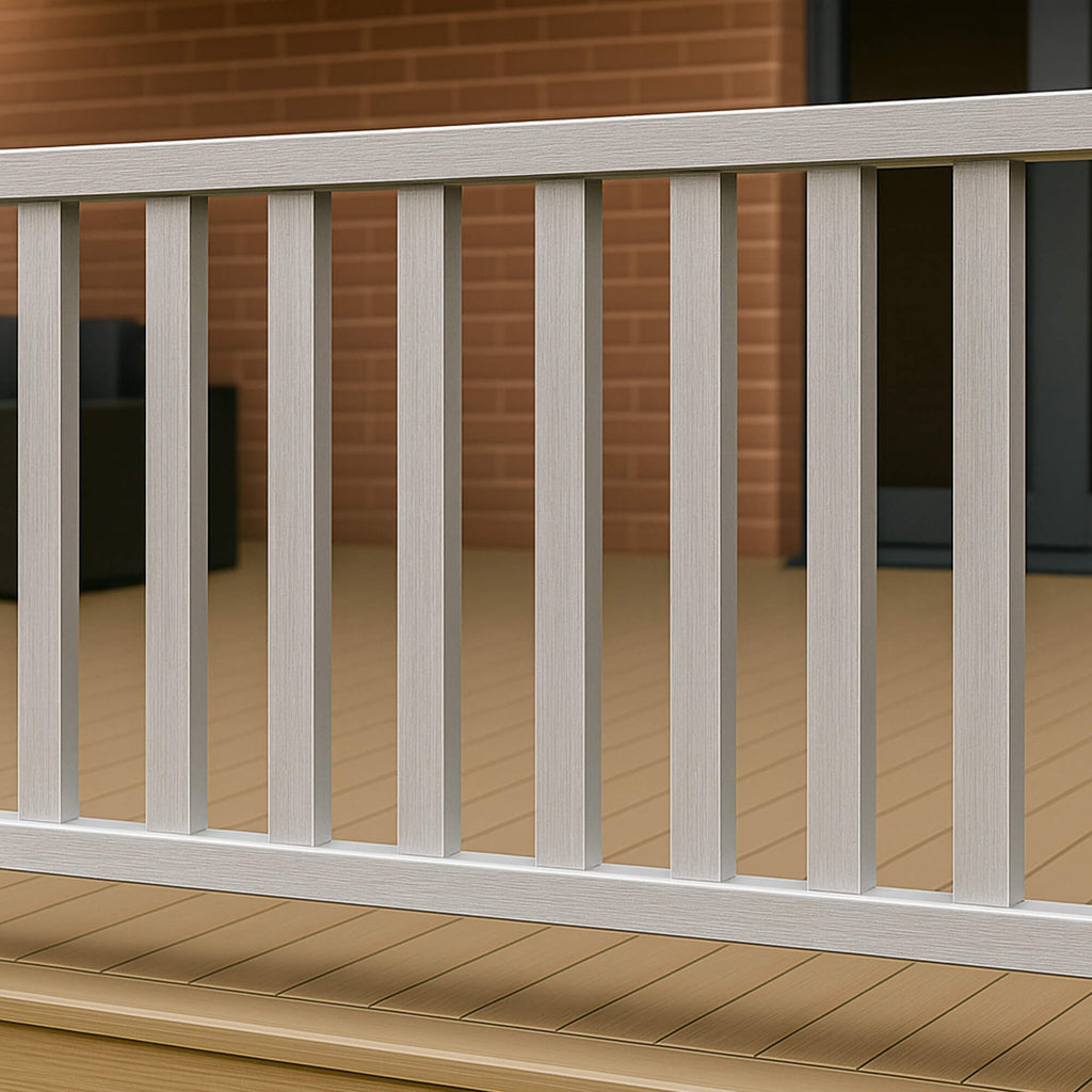 Silver Composite Spindles in a decking fence with hand rails on a deck in a patio background.