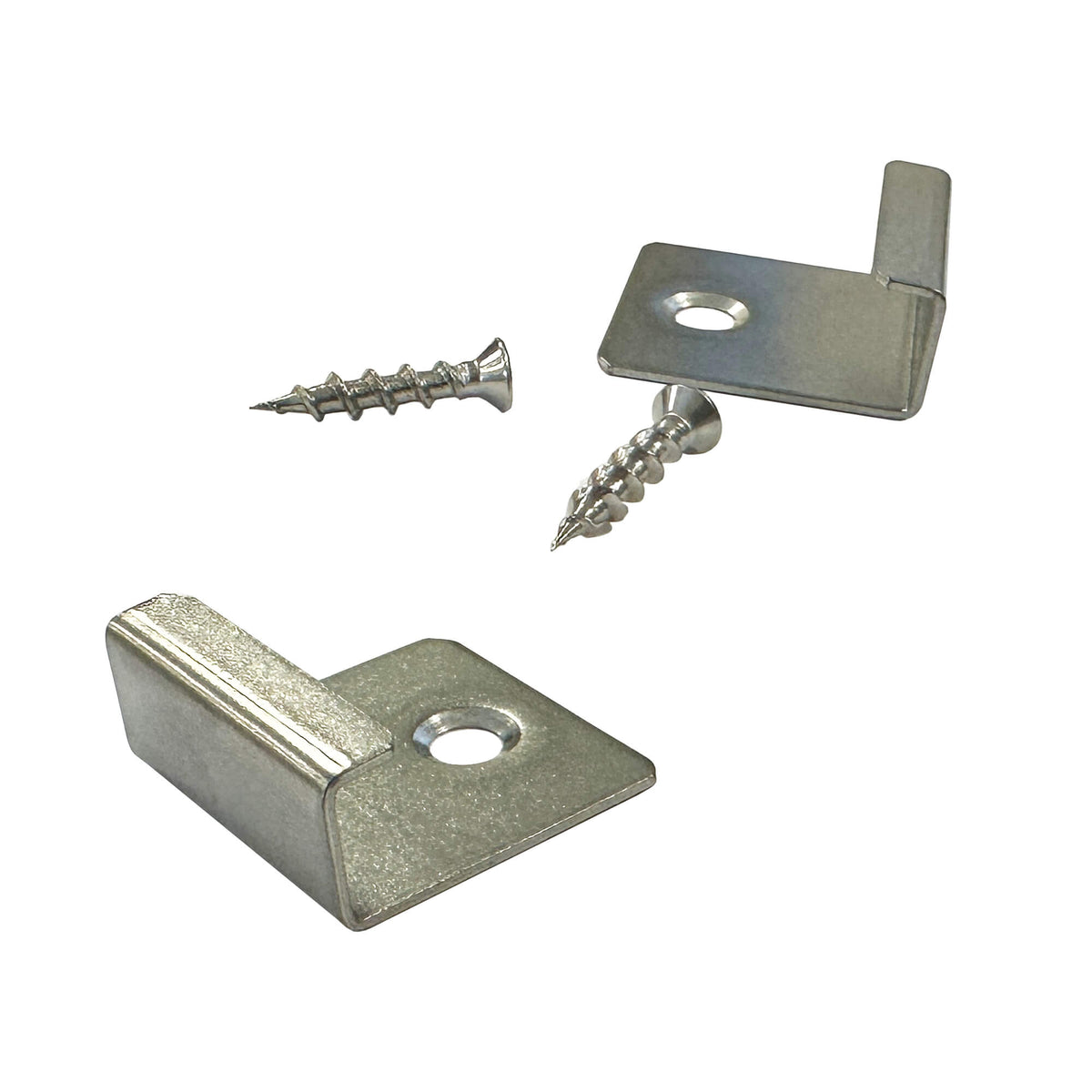 Two Stainless Steel Starter Clips and screws on a white background.