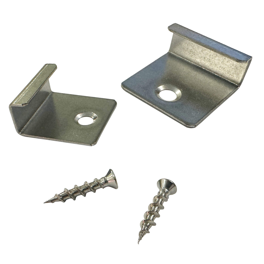 Stainless Steel Starter Clips and screws on a white background.
